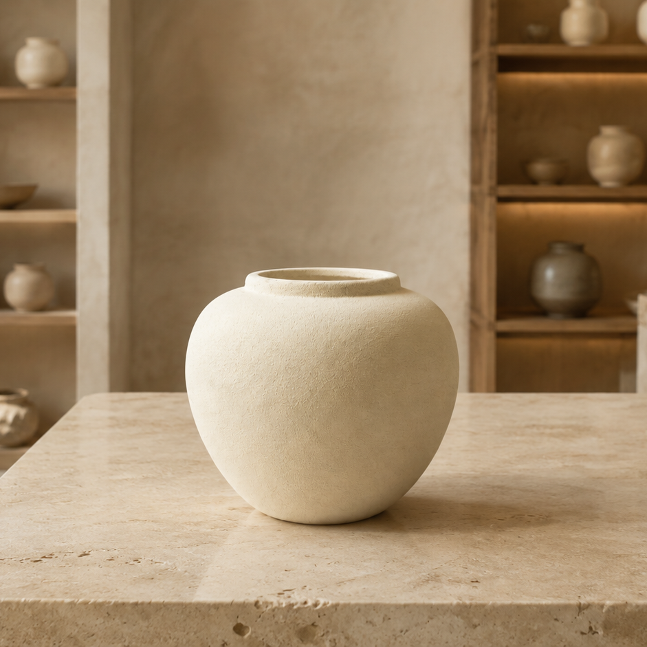 A matte, rounded ceramic vase in a warm off-white or cream color, displayed on a light stone countertop in a softly lit, rustic kitchen or studio setting with shelves of pottery in the background.