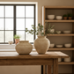 Two round beige ceramic vases with rope-like decorative bands, one filled with eucalyptus branches, displayed on a stone kitchen counter.