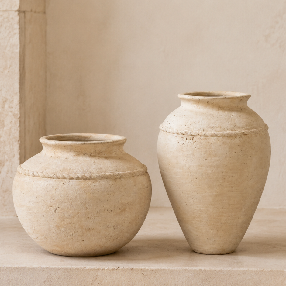 Two rustic beige ceramic vases with a textured, stone-like finish, displayed on a matching stone ledge in front of a neutral-toned wall.