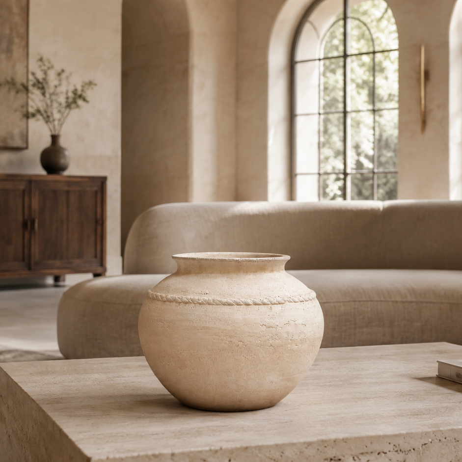 A round, textured beige ceramic vase displayed on a stone coffee table in a modern, warm-toned living room with a beige sectional sofa and arched windows.
