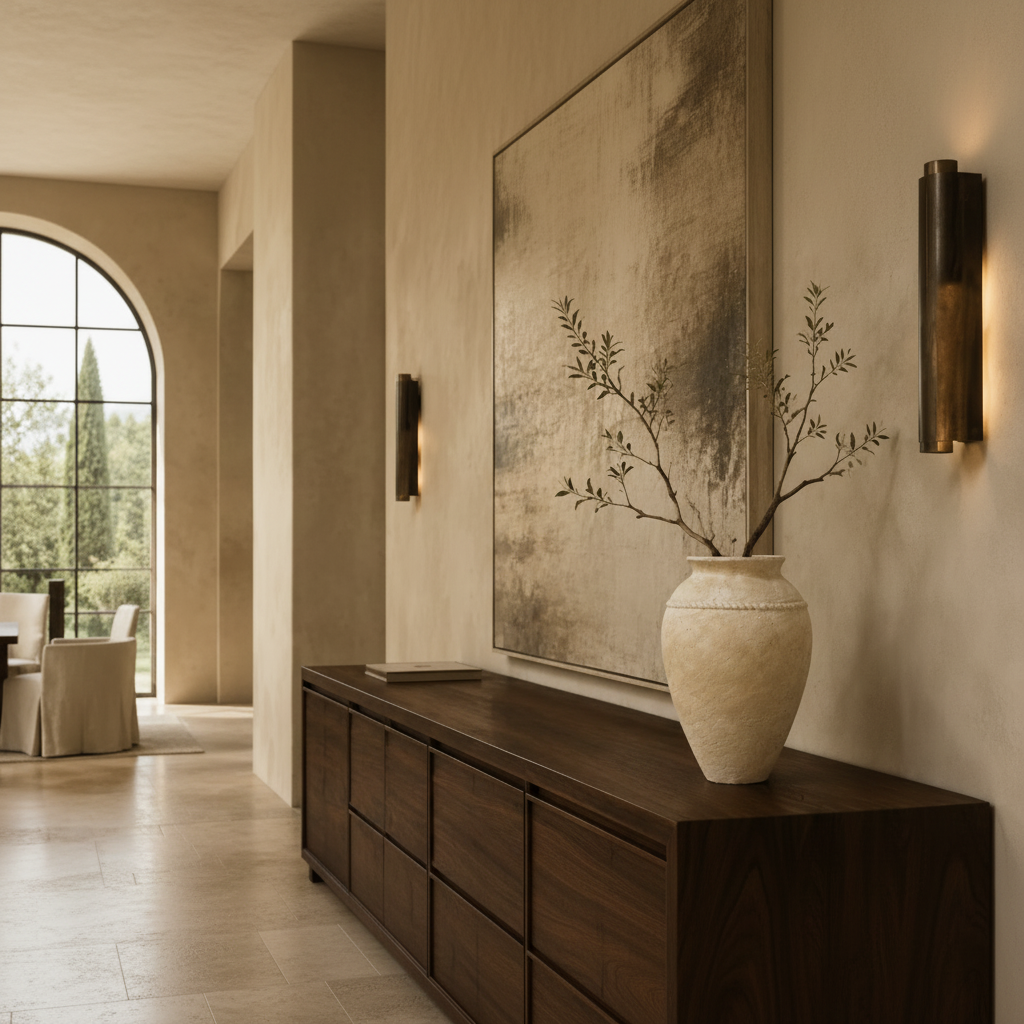 A large textured beige ceramic vase with dark branches arranged inside, set on a dark wood console table against a warm beige wall in a styled interior hallway.