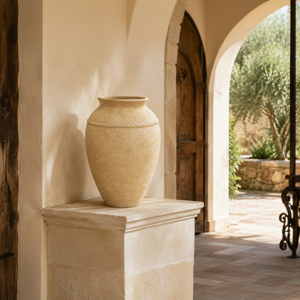 A large beige stone or concrete decorative vase with a rope-textured band around the neck, displayed on a stone ledge in an outdoor patio setting with a stucco wall and wooden door in the background.