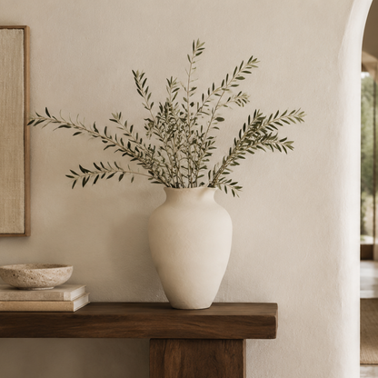 A matte off-white ceramic vase filled with green olive branches, displayed on a dark wood console table against a textured beige plaster wall.