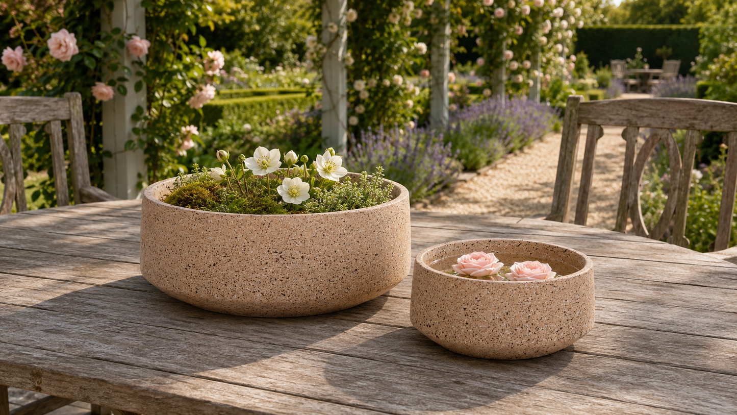 Two round terracotta-colored concrete planters sit on a weathered wooden table in a garden setting. The larger planter is filled with green foliage and small white flowers, while the smaller planter holds pink roses.