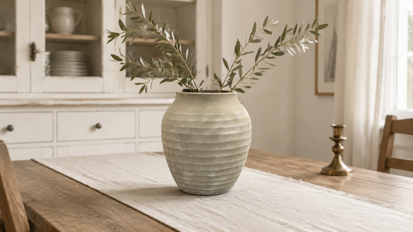 Kira Ribbed Amphora-Style Cement Planter