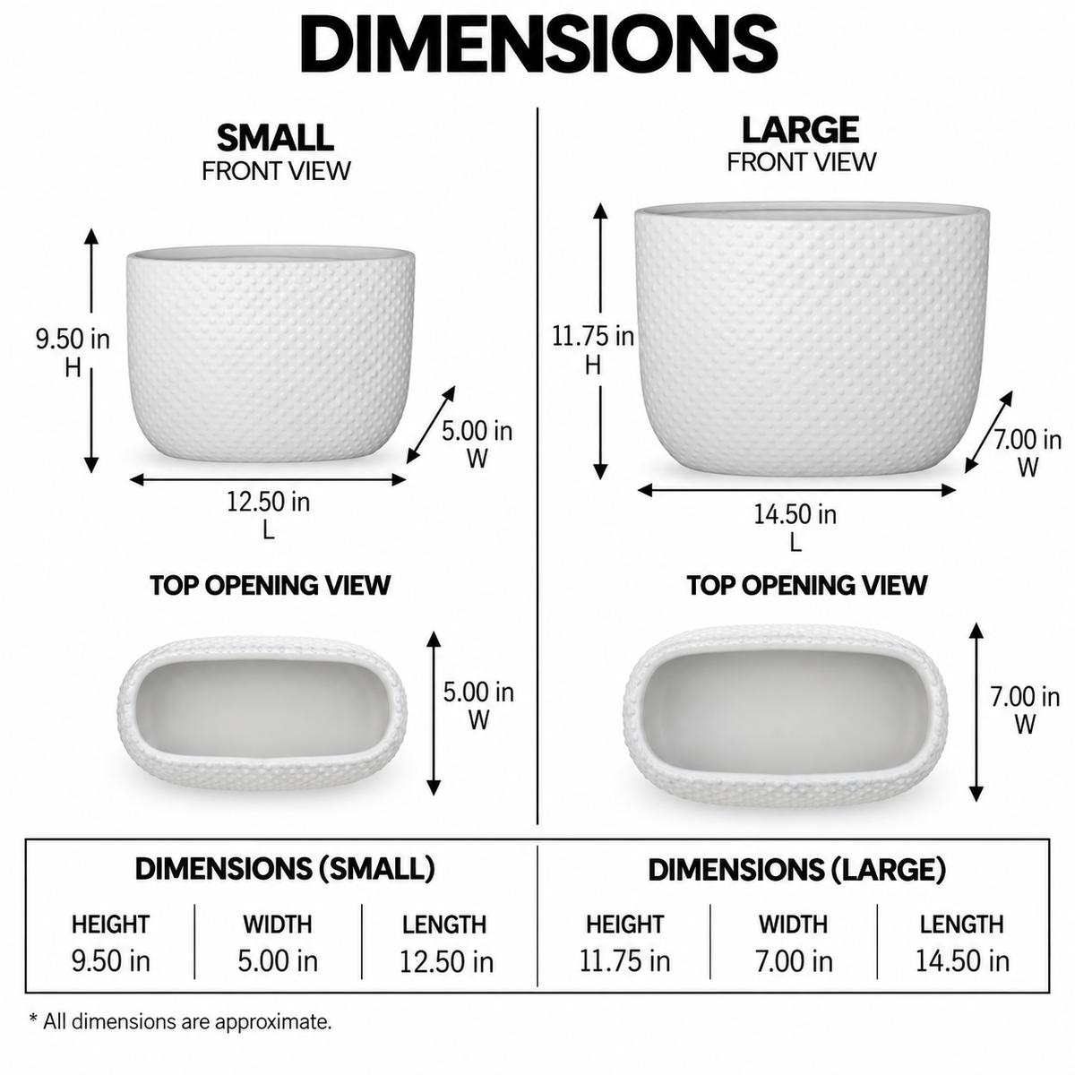 A dimension chart showing front and top views with measurements for small and large planter pot sizes on a white background.