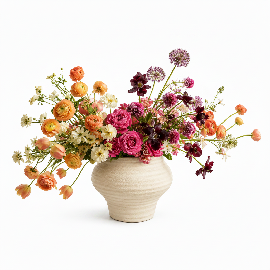 A vibrant, multi-colored floral arrangement featuring pink, orange, purple, and white flowers, presented in a textured beige ceramic vase against a solid white background.