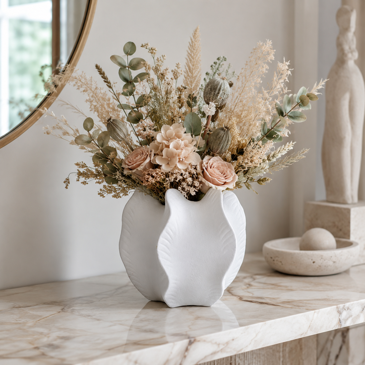 Freya Four-Lobe Sculptural Ceramic Vase with Draped-Leaf Texture