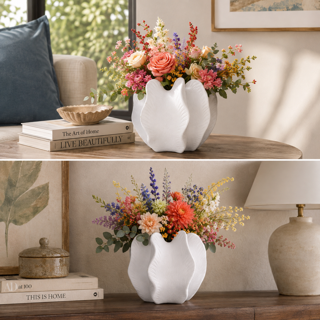 Freya Four-Lobe Sculptural Ceramic Vase with Draped-Leaf Texture