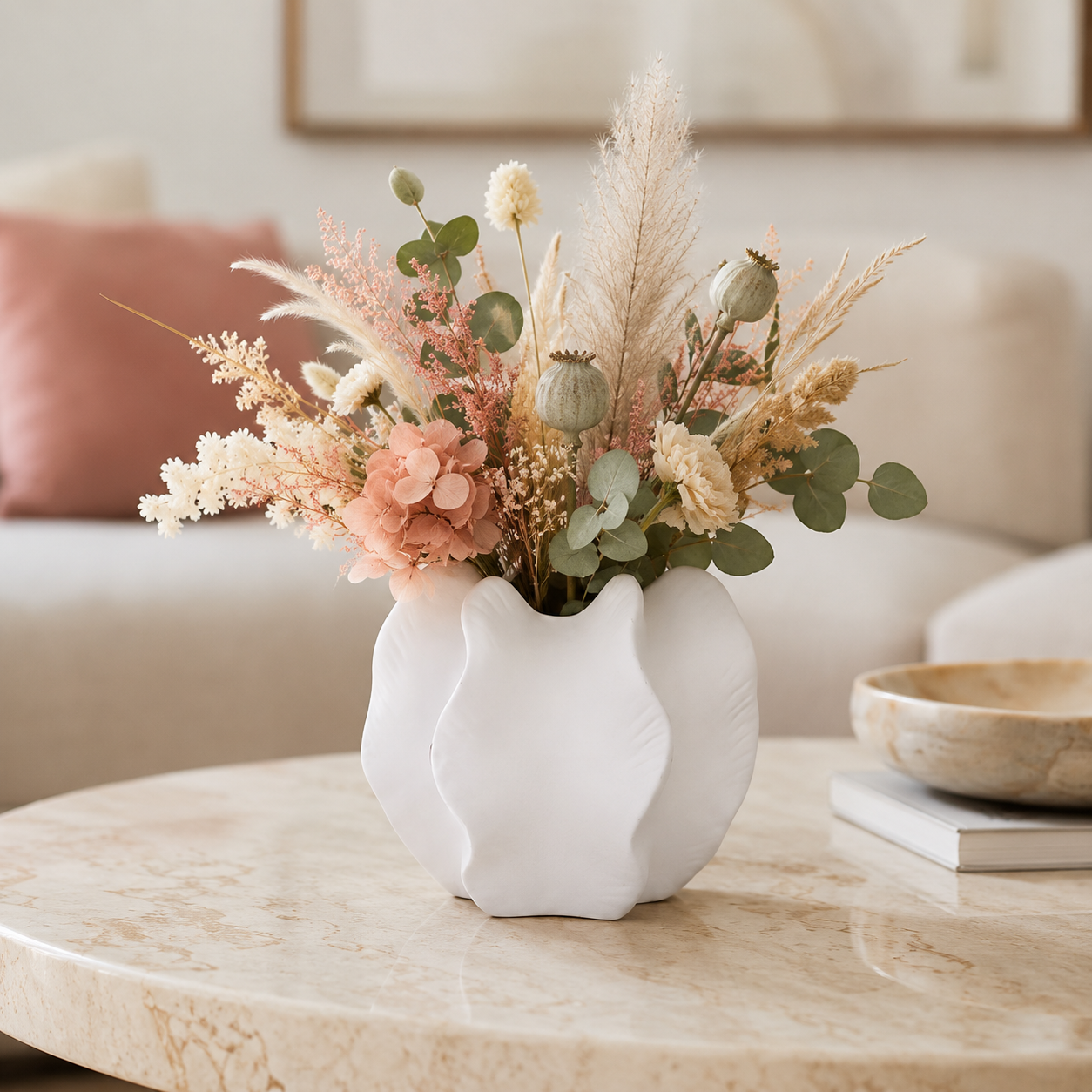 Freya Four-Lobe Sculptural Ceramic Vase with Draped-Leaf Texture