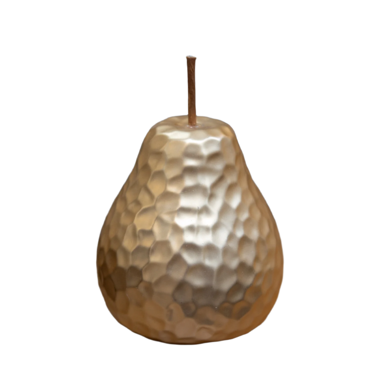 Decorative pear-shaped candle with a textured surface on a white background