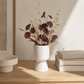 A white ceramic vase with a tiered pedestal base holding dried botanical stems and round leaves, styled on a light wood surface against a warm beige wall with soft sunlight and shadows.