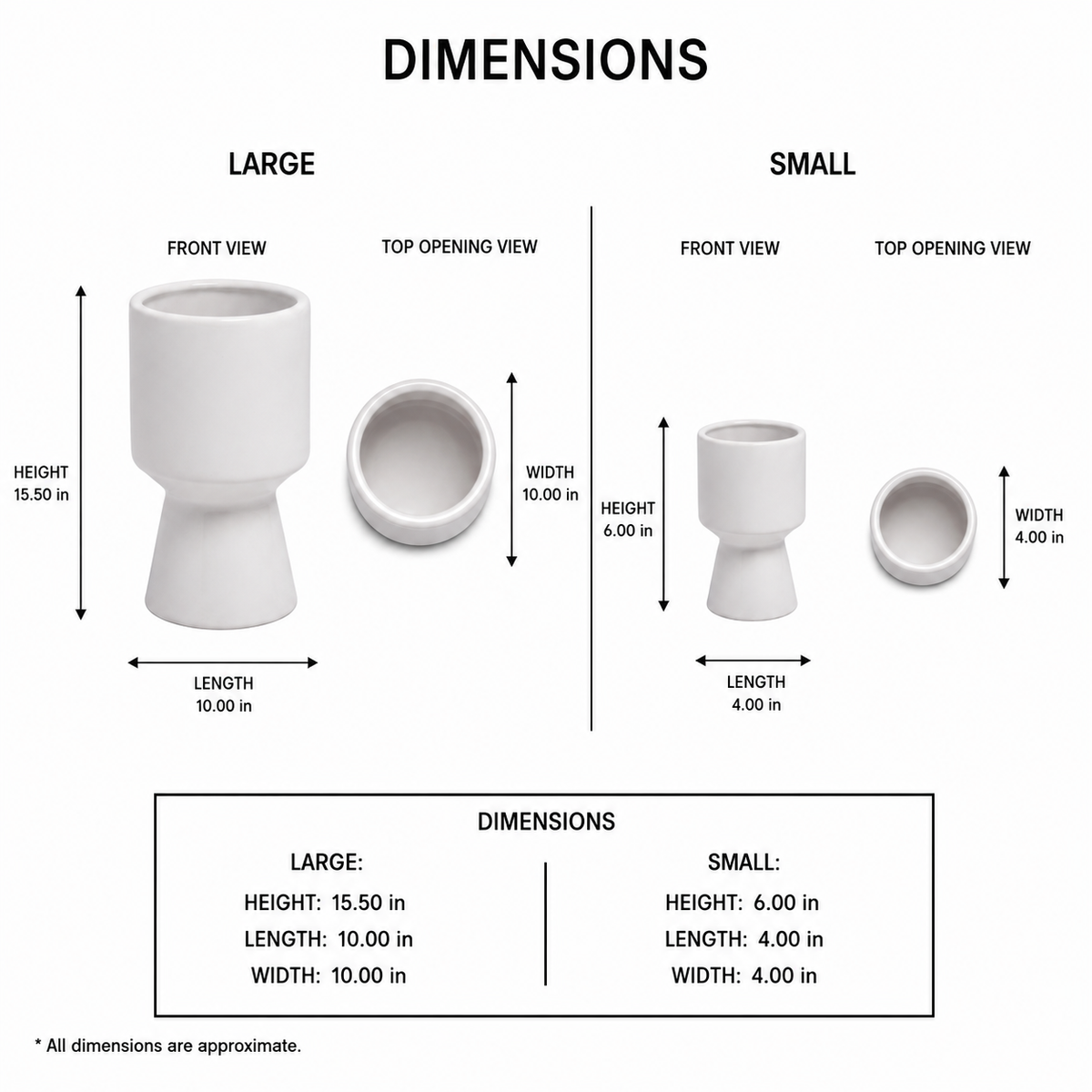A dimension chart showing front and top opening views of a white ceramic toilet-style holder, labeled large and small, with measurements for height, length, and width on a white background.