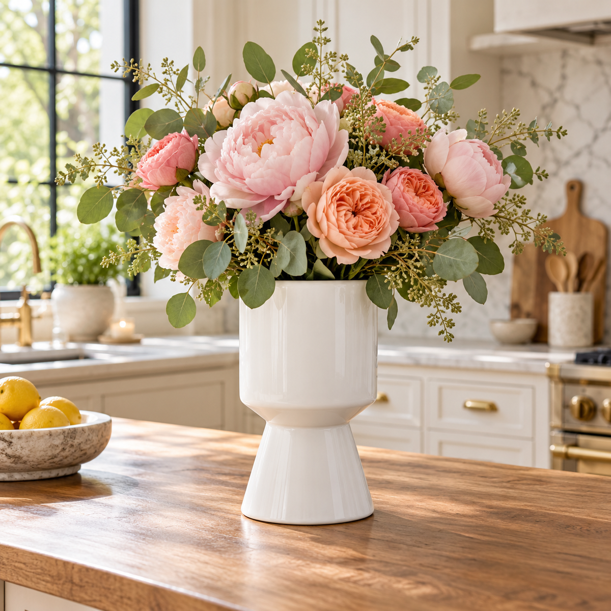 A white pedestal-style ceramic vase filled with a lush bouquet of pink and peach peonies, roses, and green eucalyptus, displayed on a wooden kitchen counter.