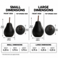A product dimension diagram showing a black pear-shaped object with a brown stem, labeled as small and large dimensions, with front and top opening views and approximate measurements on a white background.