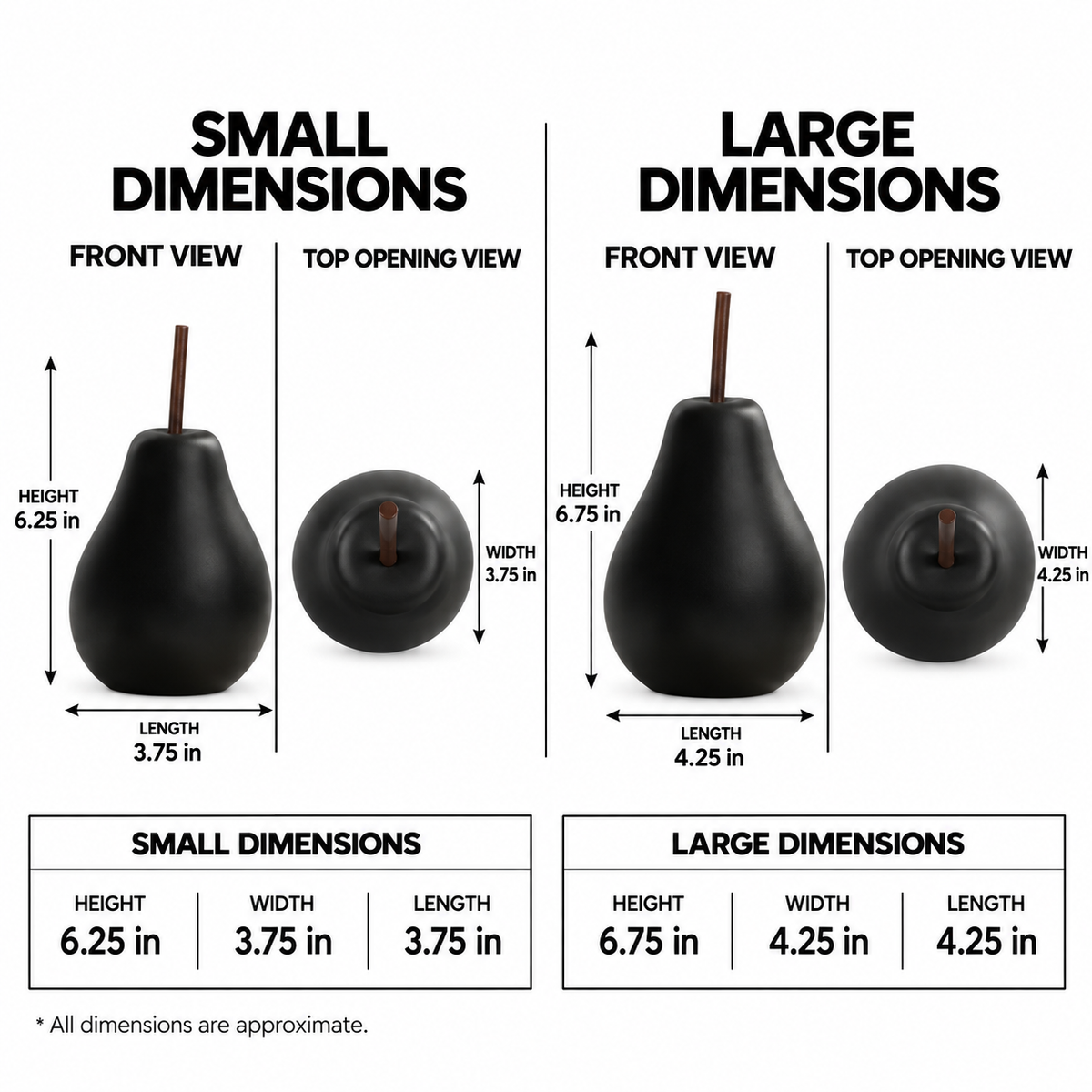A product dimension diagram showing a black pear-shaped object with a brown stem, labeled as small and large dimensions, with front and top opening views and approximate measurements on a white background.