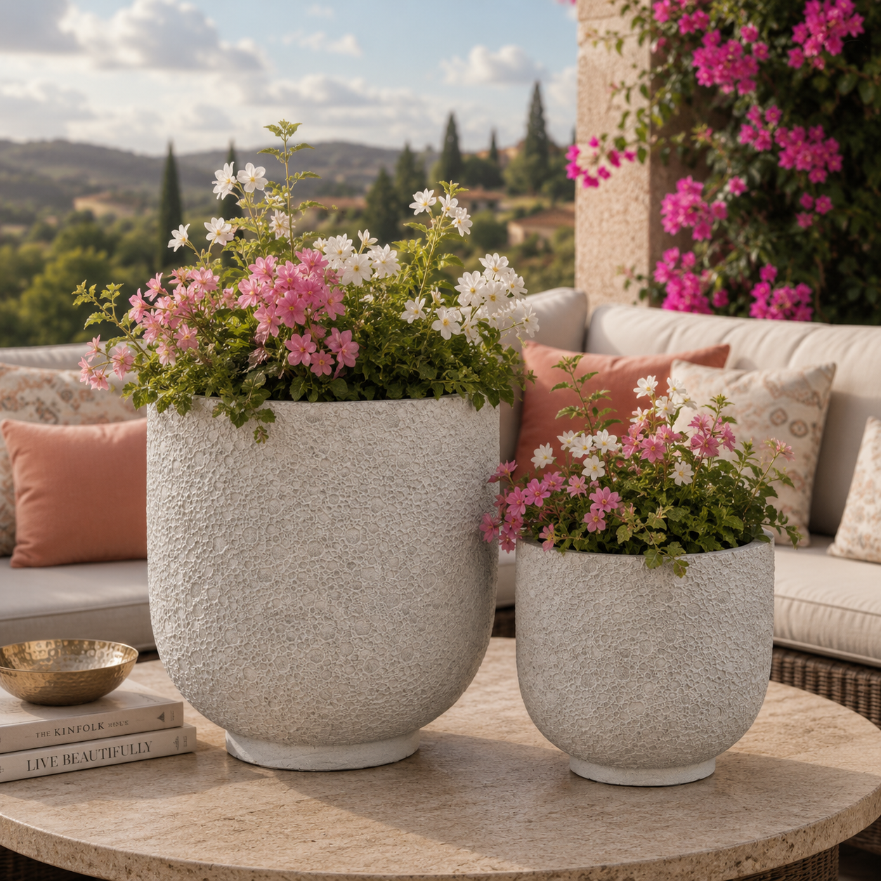 Irina Textured Cylinder Planters with Recessed Pedestal Base (Set of 2)