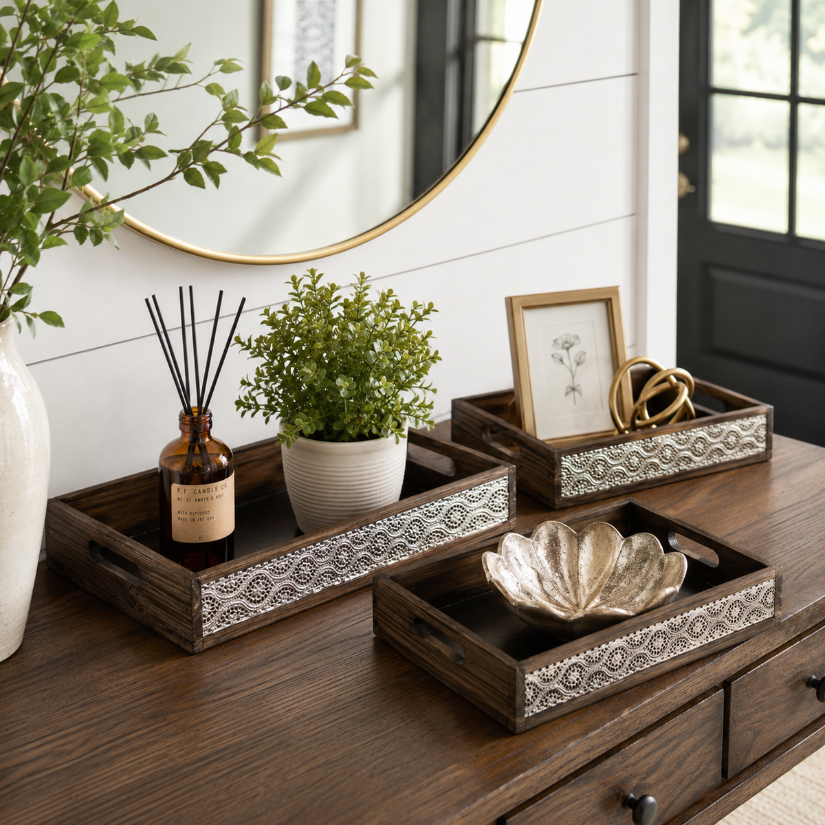 Kyra Mirrored Wood Tray Set (Set of 3)