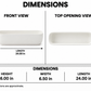 A dimension diagram showing a white rectangular container from front and top opening views, with labeled measurements for height 6.00 in and length 24.