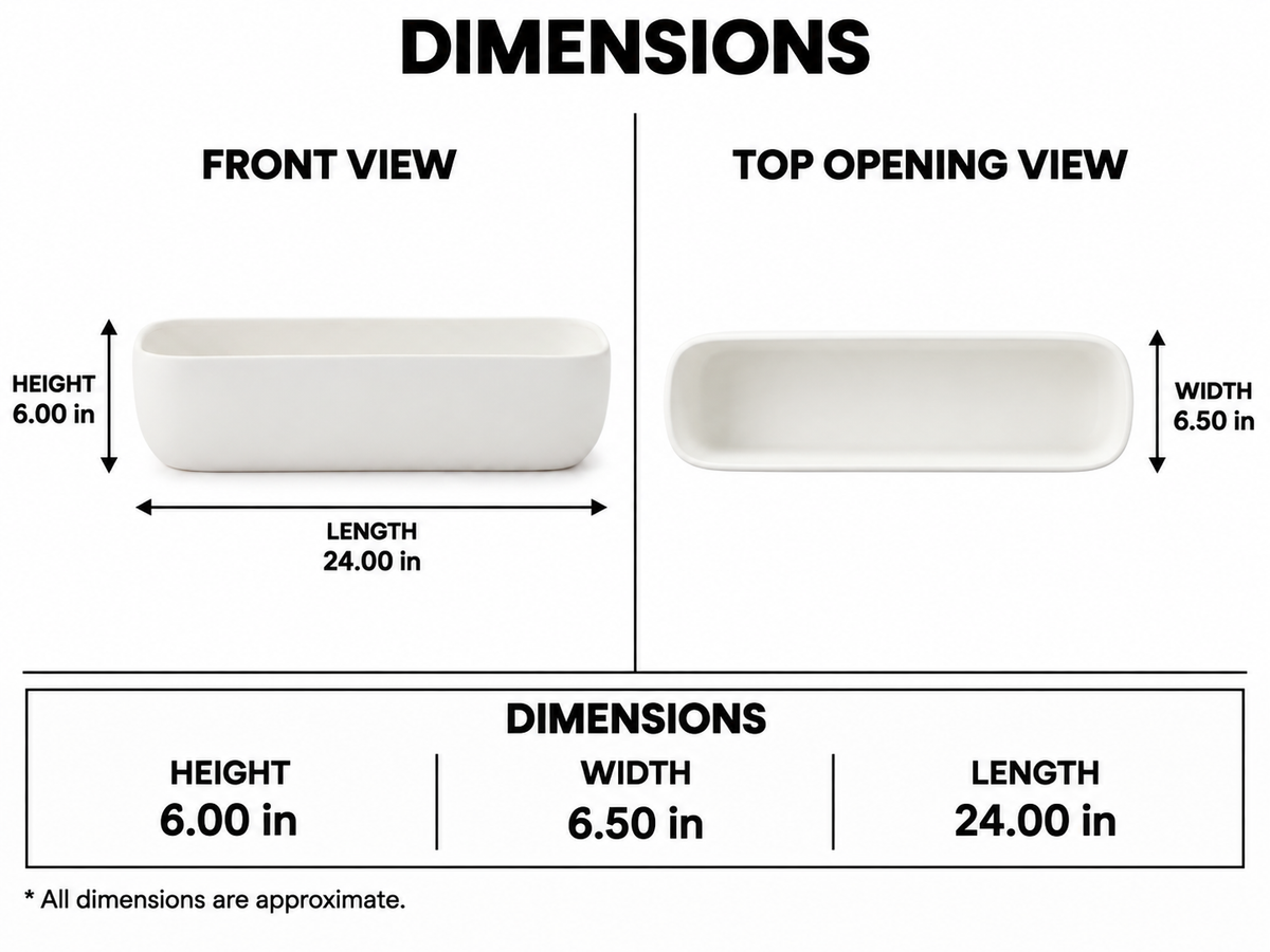 A dimension diagram showing a white rectangular container from front and top opening views, with labeled measurements for height 6.00 in and length 24.