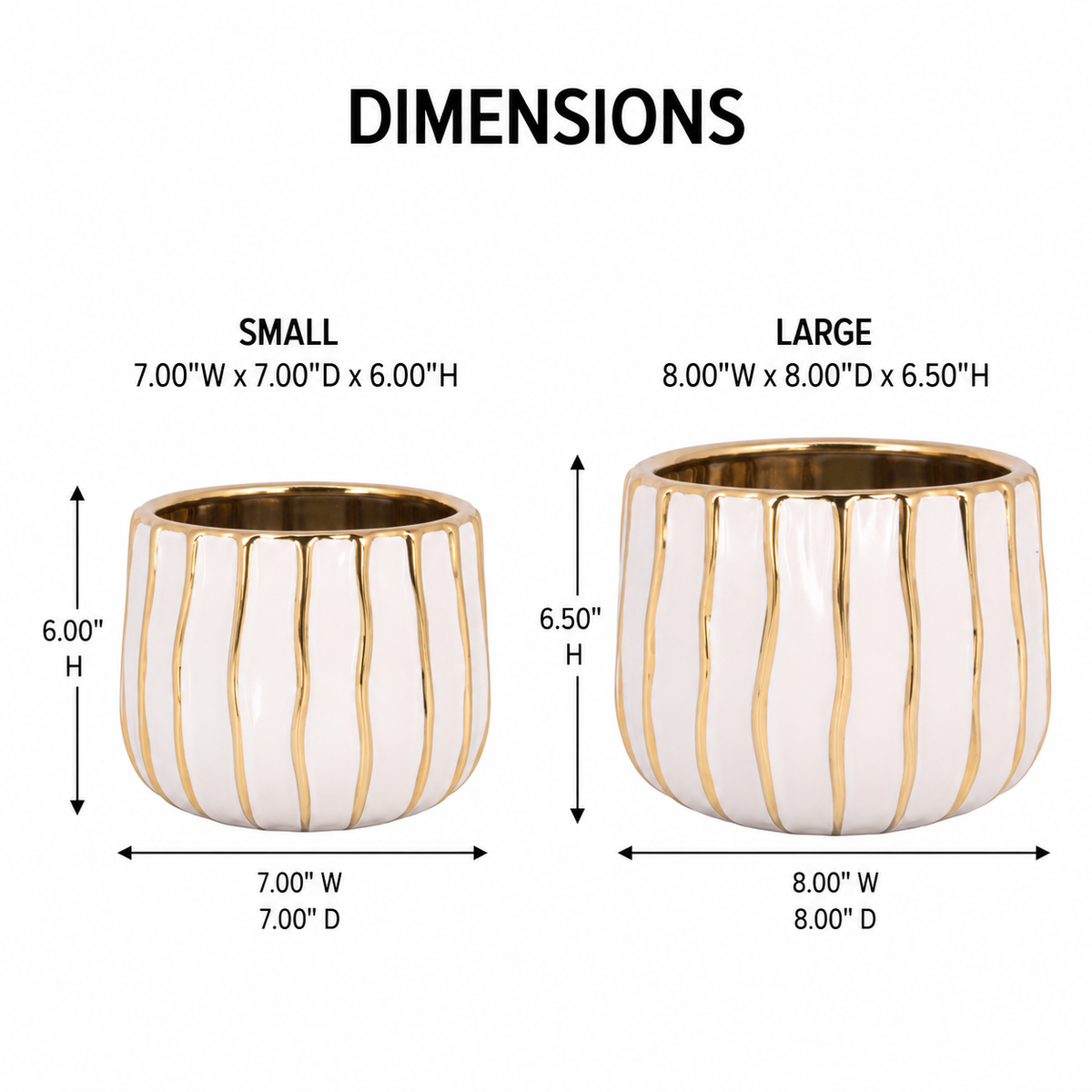 A dimension diagram showing two sizes of a white planter pot with vertical gold stripes: a small version labeled 7.00" x 7.