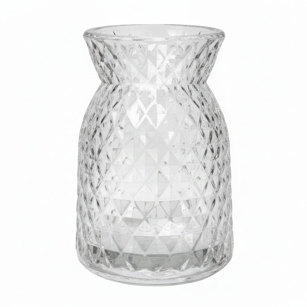 Cari Handcrafted Faceted Glass Vase with Tapered Neck & Diamond-Cut Pattern