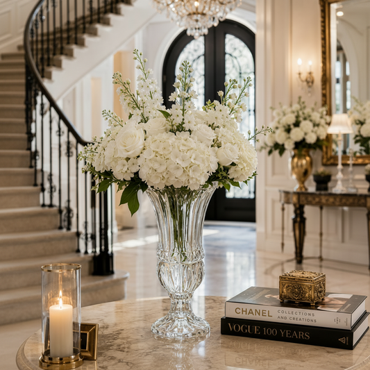 A large white floral arrangement in a clear cut-glass vase sits on a marble console table in an elegant interior hallway, with a lit candle, a Chanel and Vogue 100 Years book, and a small gold box nearby.