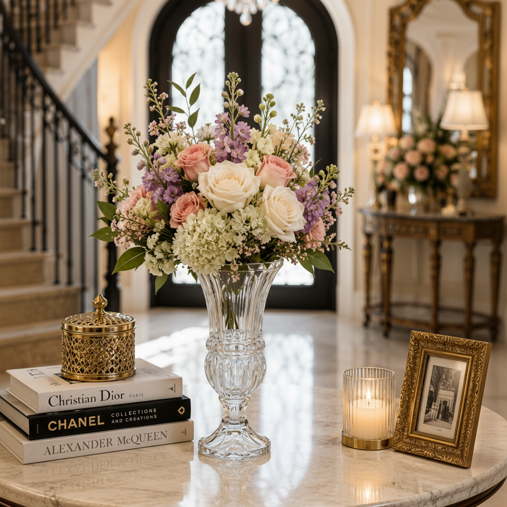 A floral arrangement in a clear glass pedestal vase sits on a marble table in an elegant interior setting. The bouquet includes blush pink, cream, and lavender flowers with green foliage.