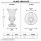 A product dimension diagram for a glass urn vase, showing front and top views with measurements for height, width, length, and diameter, plus a summary table at the bottom.