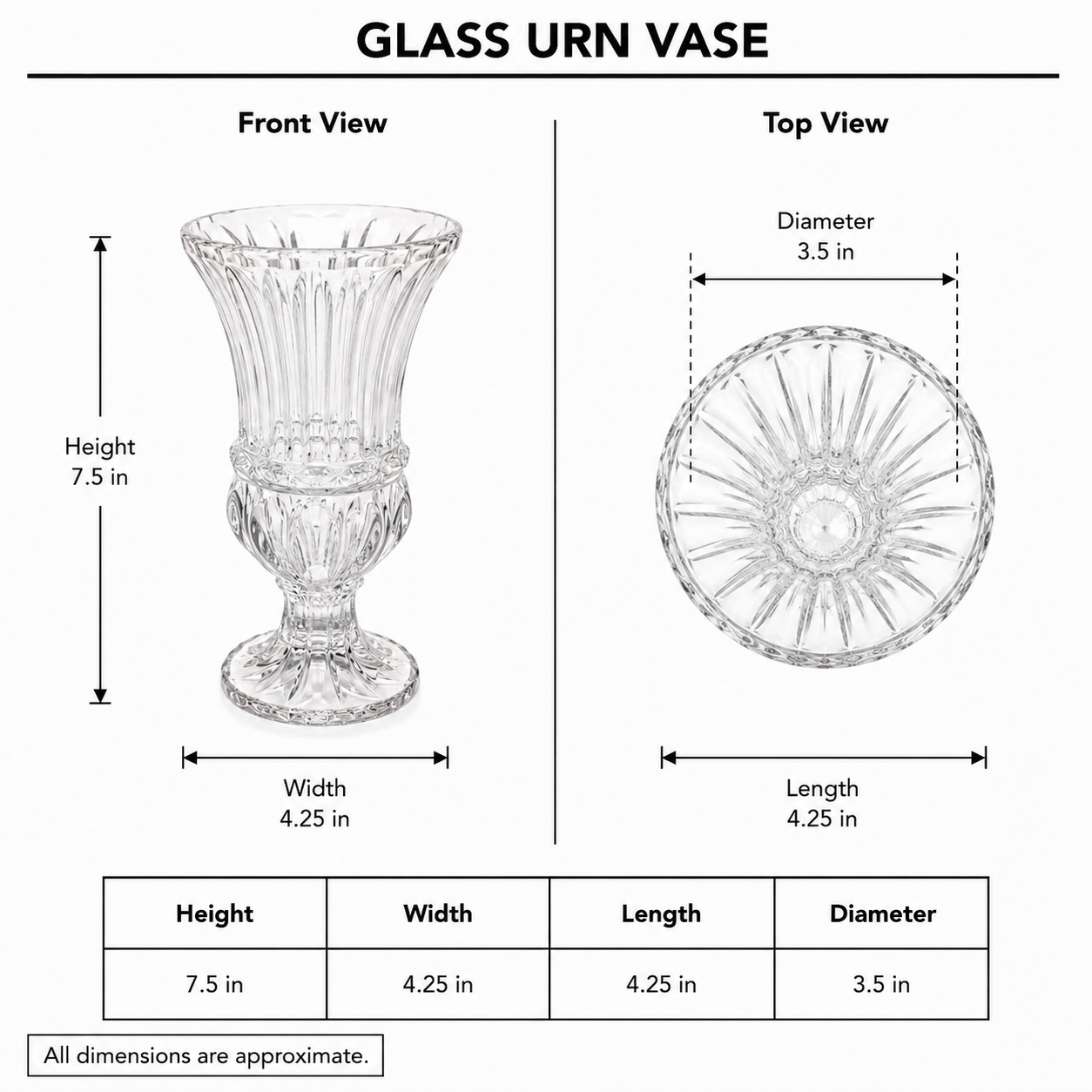 A product dimension diagram for a glass urn vase, showing front and top views with measurements for height, width, length, and diameter, plus a summary table at the bottom.