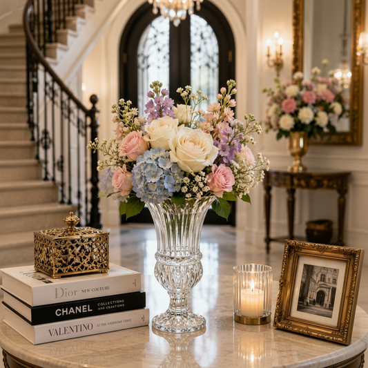 A floral arrangement in a clear glass pedestal vase sits on a marble table in an elegant interior setting. The bouquet includes blush pink, cream, lavender, and light blue flowers with green foliage.