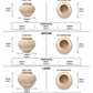 A dimension chart showing front and top opening views of a small, medium, and large beige ceramic pot with approximate measurements for height, length, and width on a white background.
