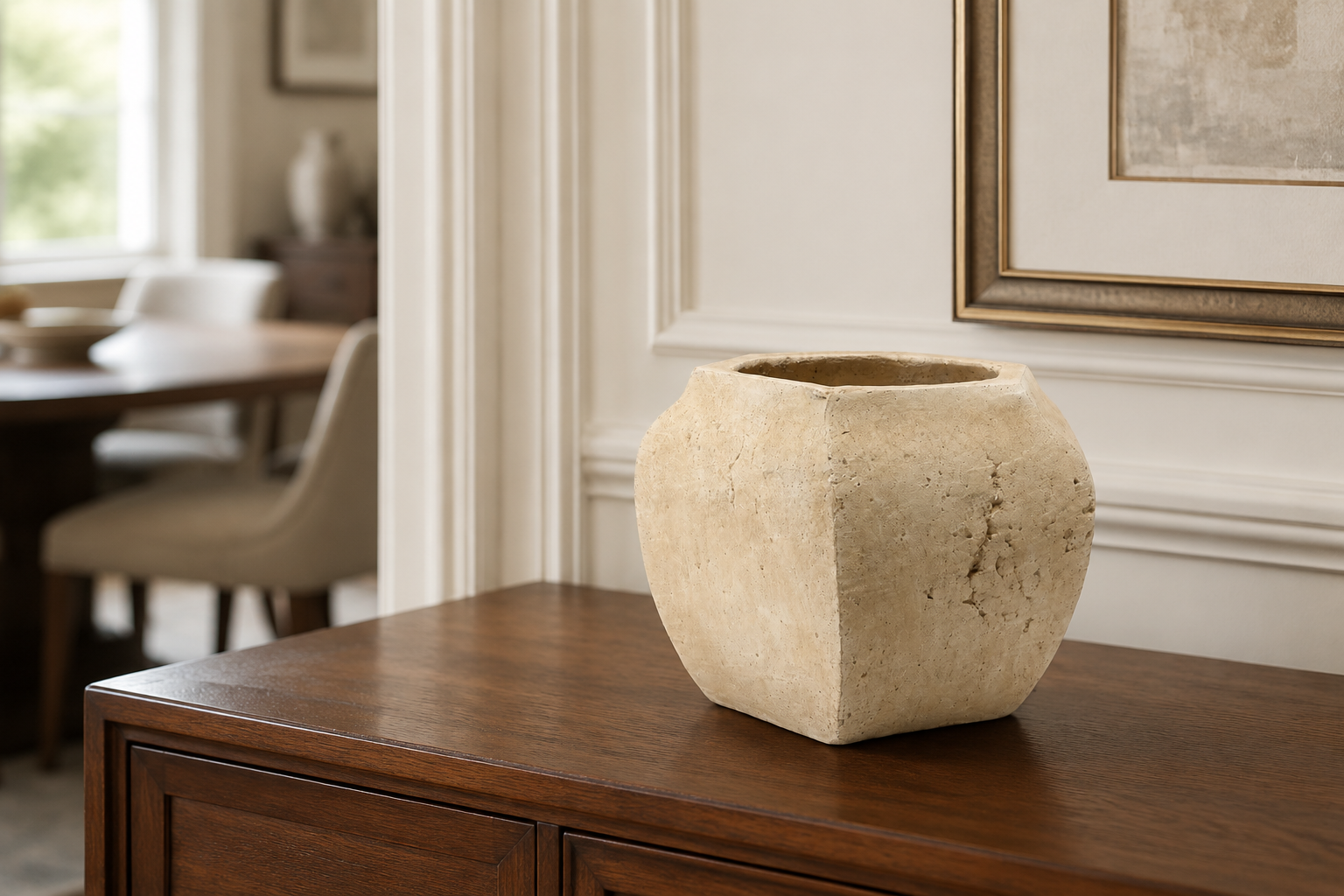 A textured beige stone planter pot with a hexagonal shape, displayed on a dark wood sideboard in a beautifully decorated room with white walls and framed art.