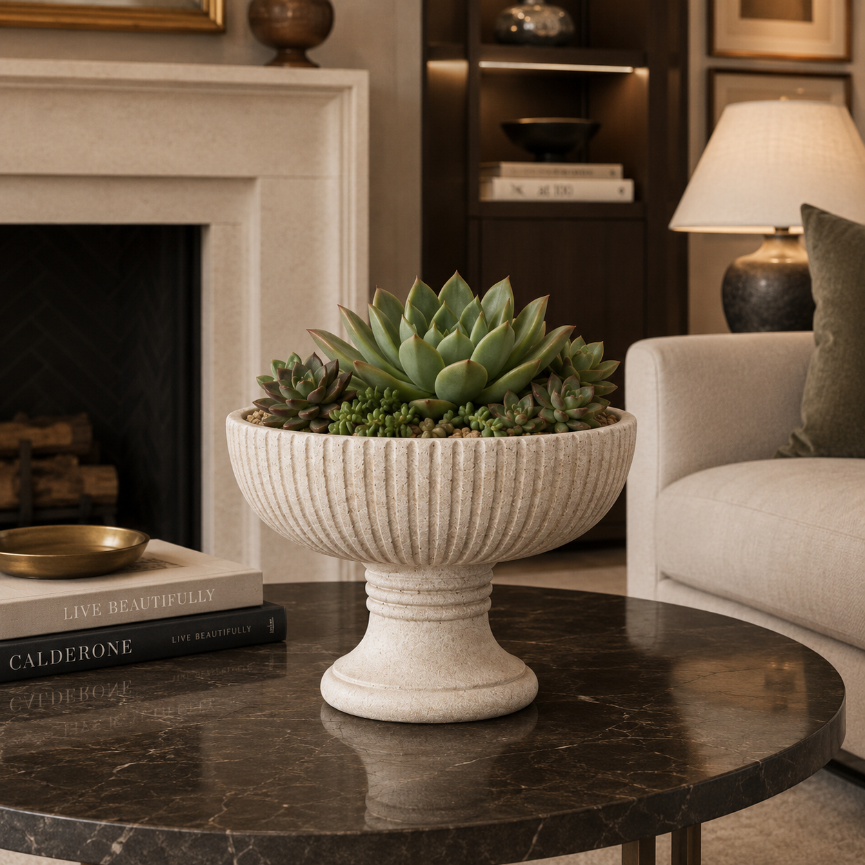 Briary Fluted Pedestal Cement Bowl Planter - Small