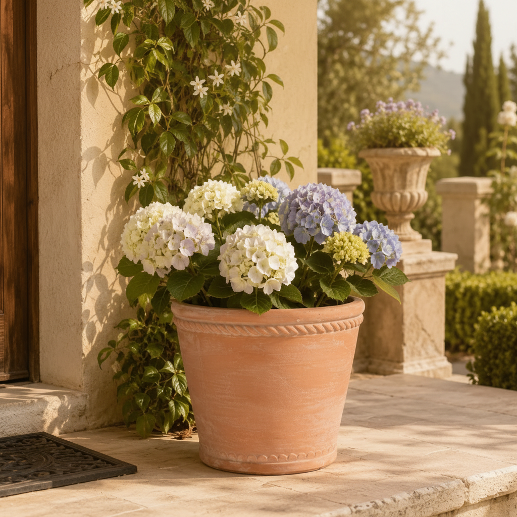 A terracotta planter filled with white, light purple, and blue hydrangeas sitting on a stone patio in front of a beige stucco wall with climbing green vines.