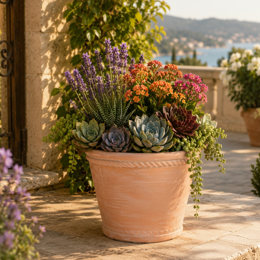 A large terracotta planter filled with a colorful succulent and herb garden, placed on a stone patio with a scenic outdoor background.