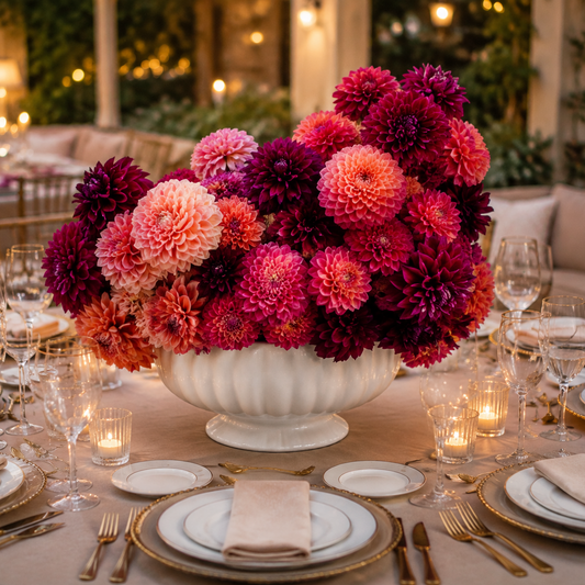 A large white pedestal bowl filled with a dense floral arrangement of dahlias in shades of pink, coral, and deep magenta, set on a decorated dining table with plates, candles, and wine glasses.