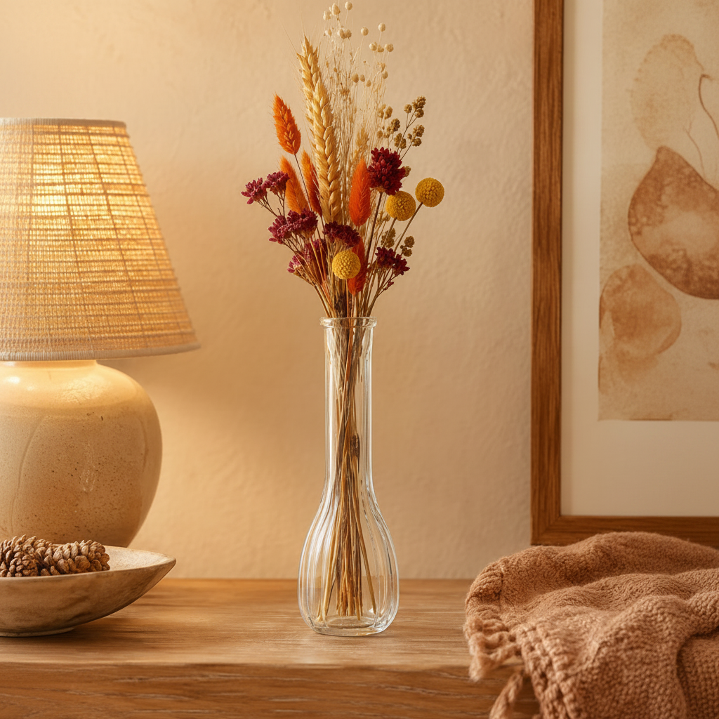 A clear glass vase filled with dried wheat, orange flowers, and burgundy blossoms, displayed on a wooden table in a warmly lit room next to a lamp and framed artwork.