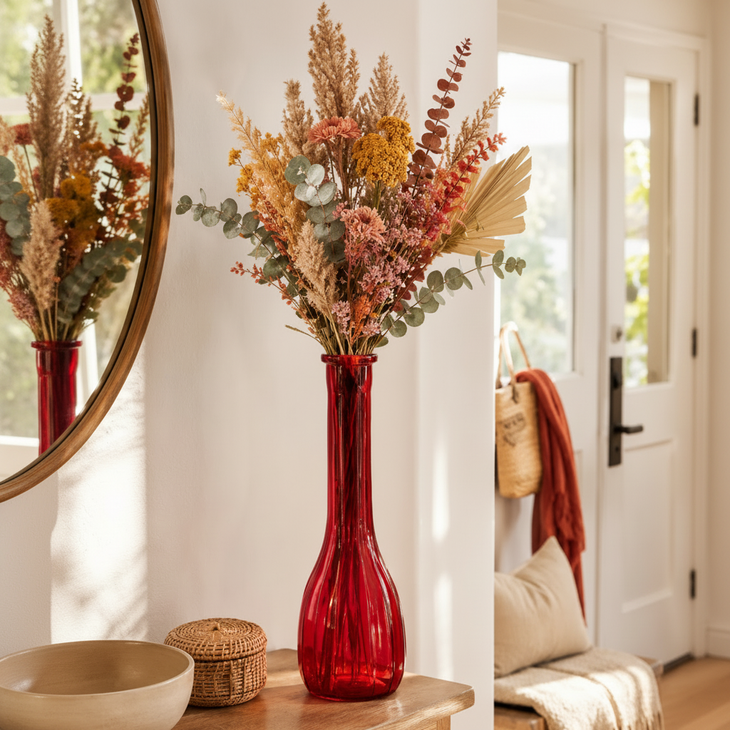 A tall, ribbed red glass vase filled with a dried floral arrangement in warm autumn tones, displayed on a wooden console table in a bright, modern entryway.