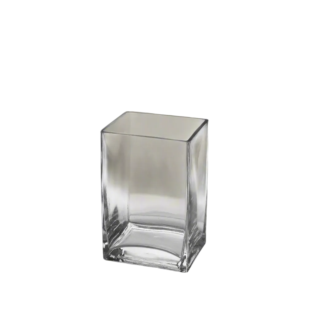 A clear rectangular glass vase with a square profile, shown on a plain white background.