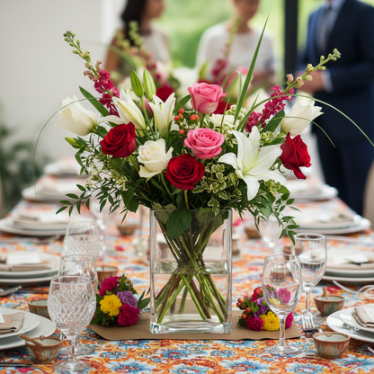 Clear glass vase with 'NUI' engraving on a table with floral arrangements