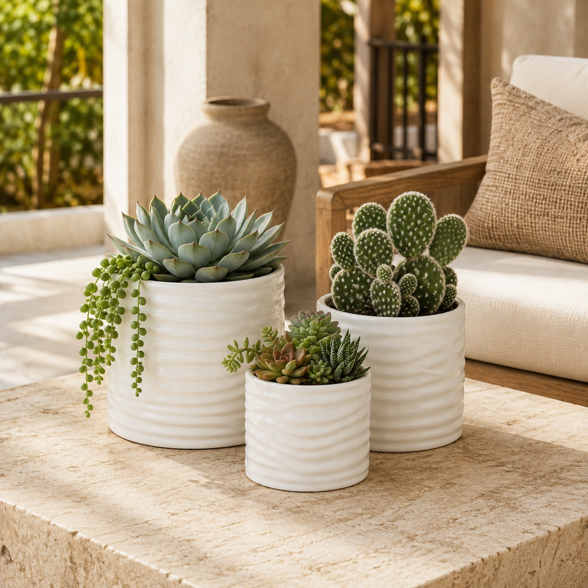 Rhesia Gloss Ribbed Ceramic Pot (Set of 3)
