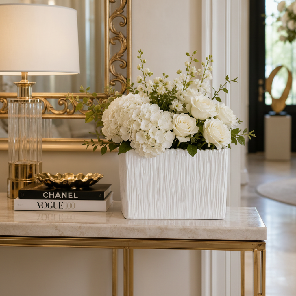 A white rectangular ceramic planter with vertical grooves holding a lush arrangement of white flowers and green foliage, displayed on a marble console table in a luxurious interior setting.