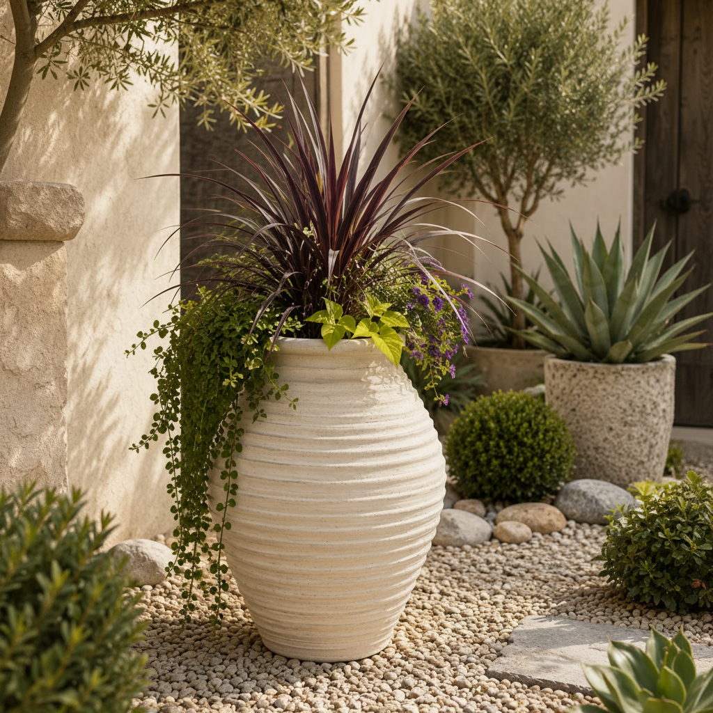 A large ribbed cream-colored ceramic planter pot filled with ornamental grass and trailing greenery, set in a landscaped garden with gravel, shrubs, and other potted plants.