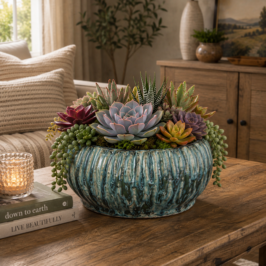 Shui Fluted Ceramic Planter with Organic Wide Opening
