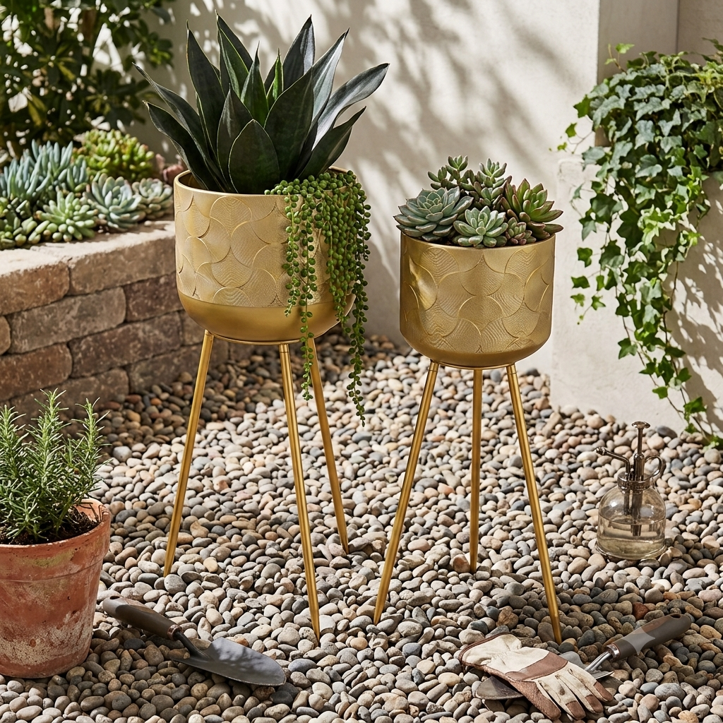 Lola Metal Planter Set with Tripod Stand (Set of 2)