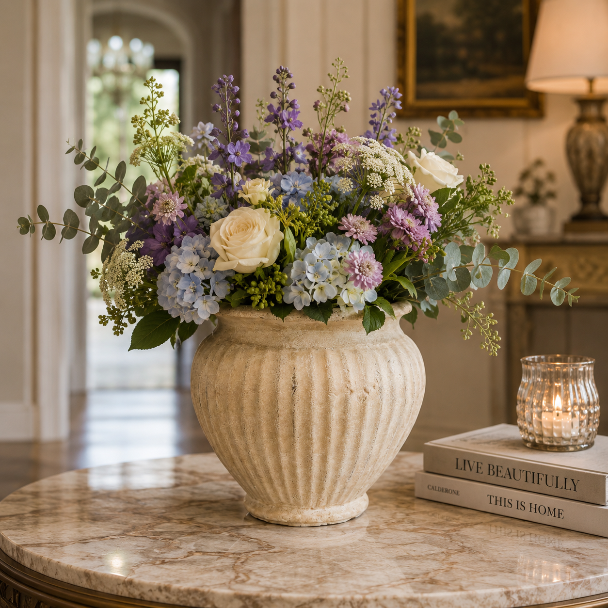 A large cream-colored ribbed ceramic urn vase filled with a lush floral arrangement of purple, blue, white, and green flowers, placed on a marble-topped table in a softly lit indoor setting.