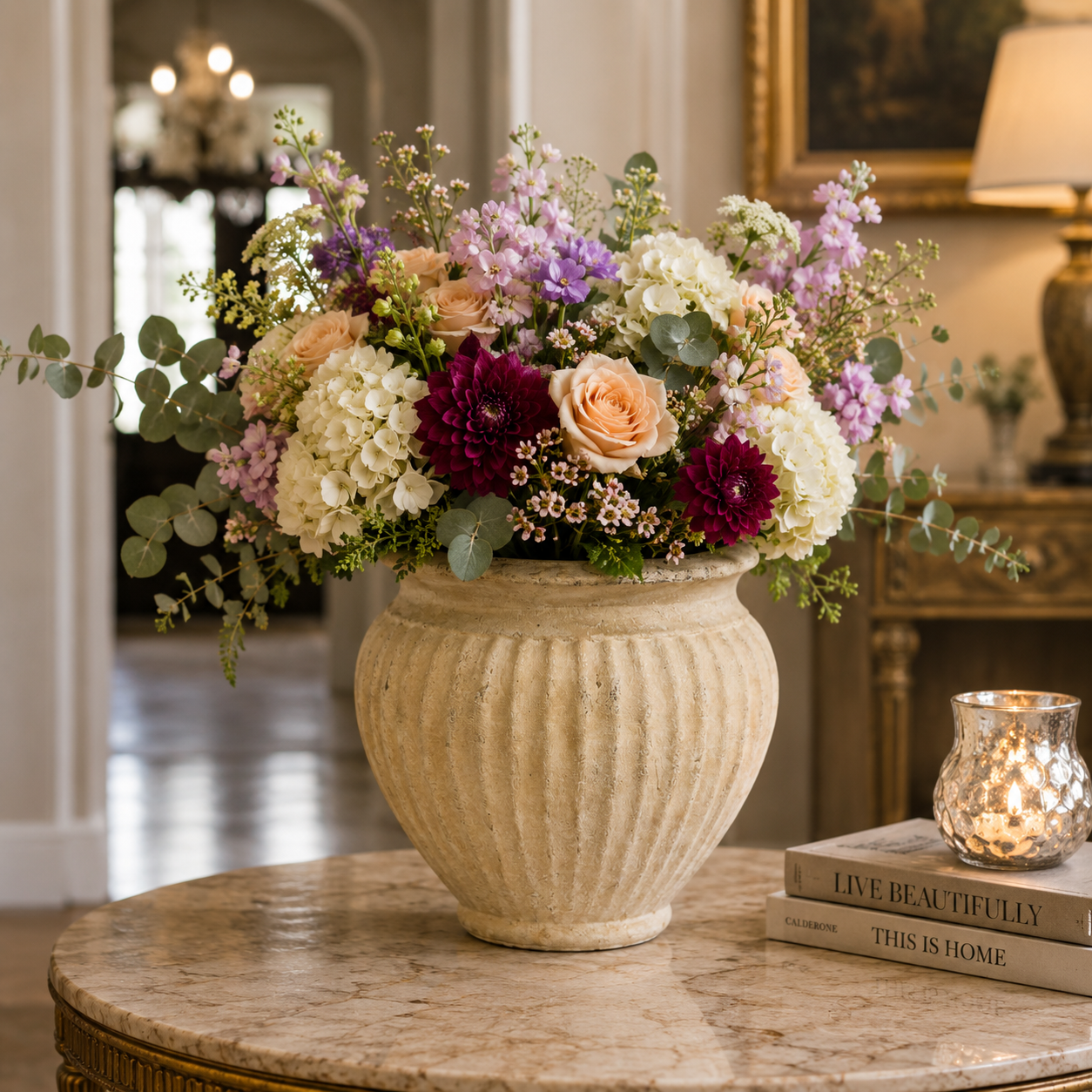 A large cream-colored ribbed ceramic urn vase filled with a colorful floral arrangement, set on a round marble table in a beautifully decorated room.