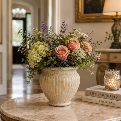 A floral arrangement in a ribbed cream ceramic vase, placed on a round marble table in a warmly lit, elegant interior. The bouquet includes blush pink roses, pale yellow hydrangeas, purple lavender, and green foliage.