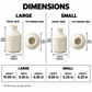 A dimension chart for a ceramic vase, showing large and small size options with front view, top opening view, height, width, and length measurements on a white background.